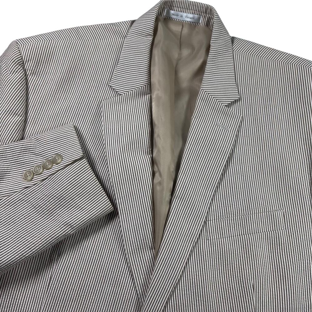 Chaps Seersucker Blazer Men 48L Long Beige White Stripe Sport Jacket Coat